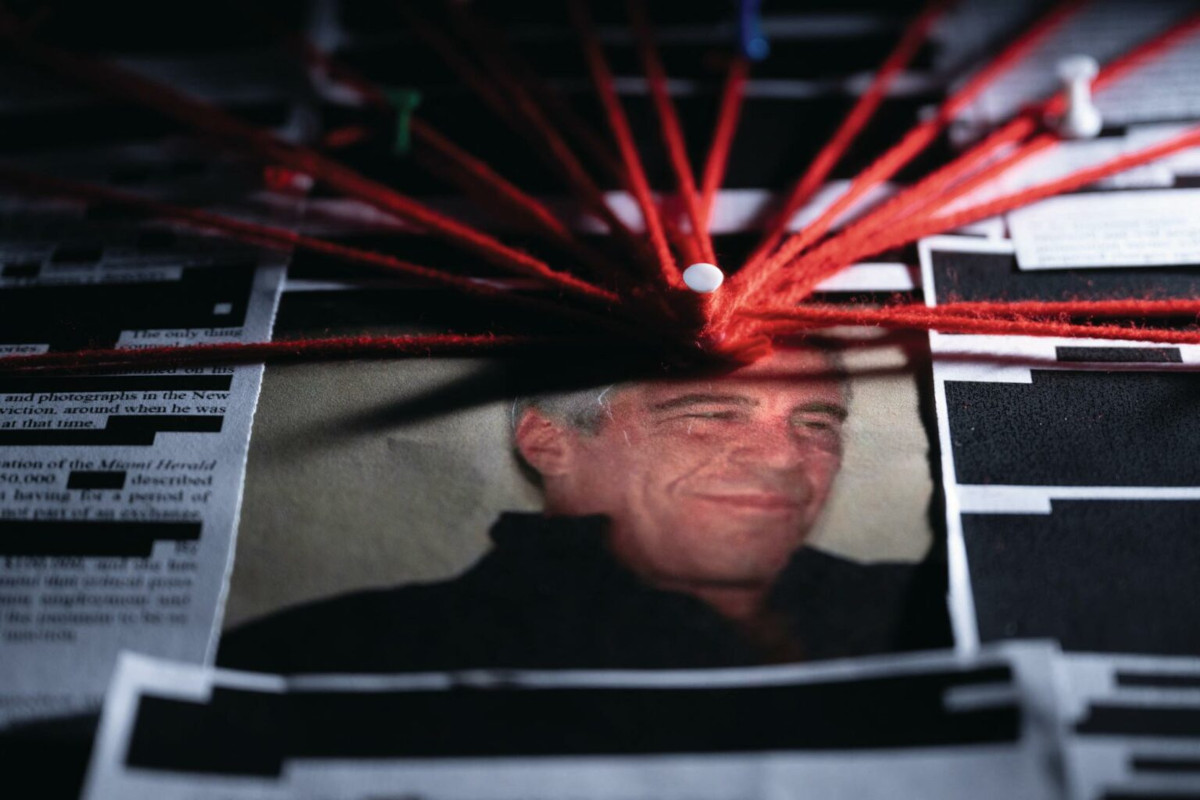 A photo of Jeffrey Epstein, a pin in his forehead with many red strings leading to other files and people, evidence