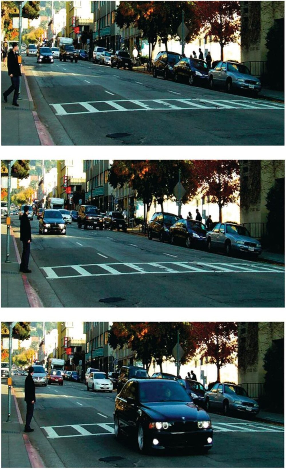 Three images showing a man waiting at a crossing and a BMW car driving over the crossing and not letting the person cross the road