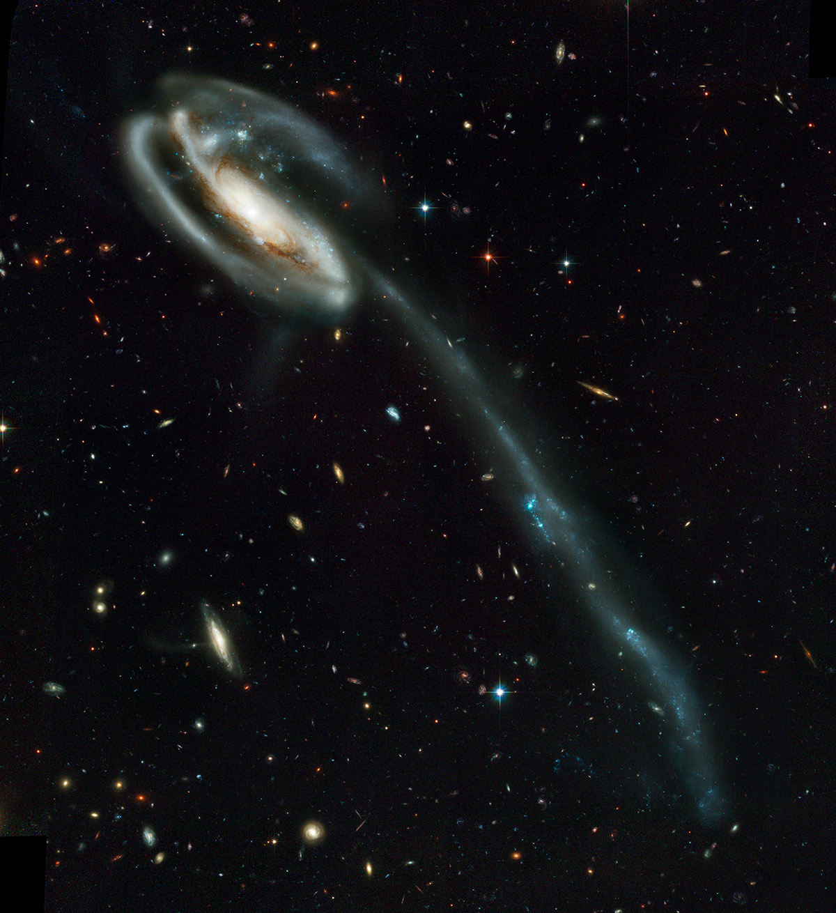 Spiral galaxy in top left with long stream of stars coming from it 