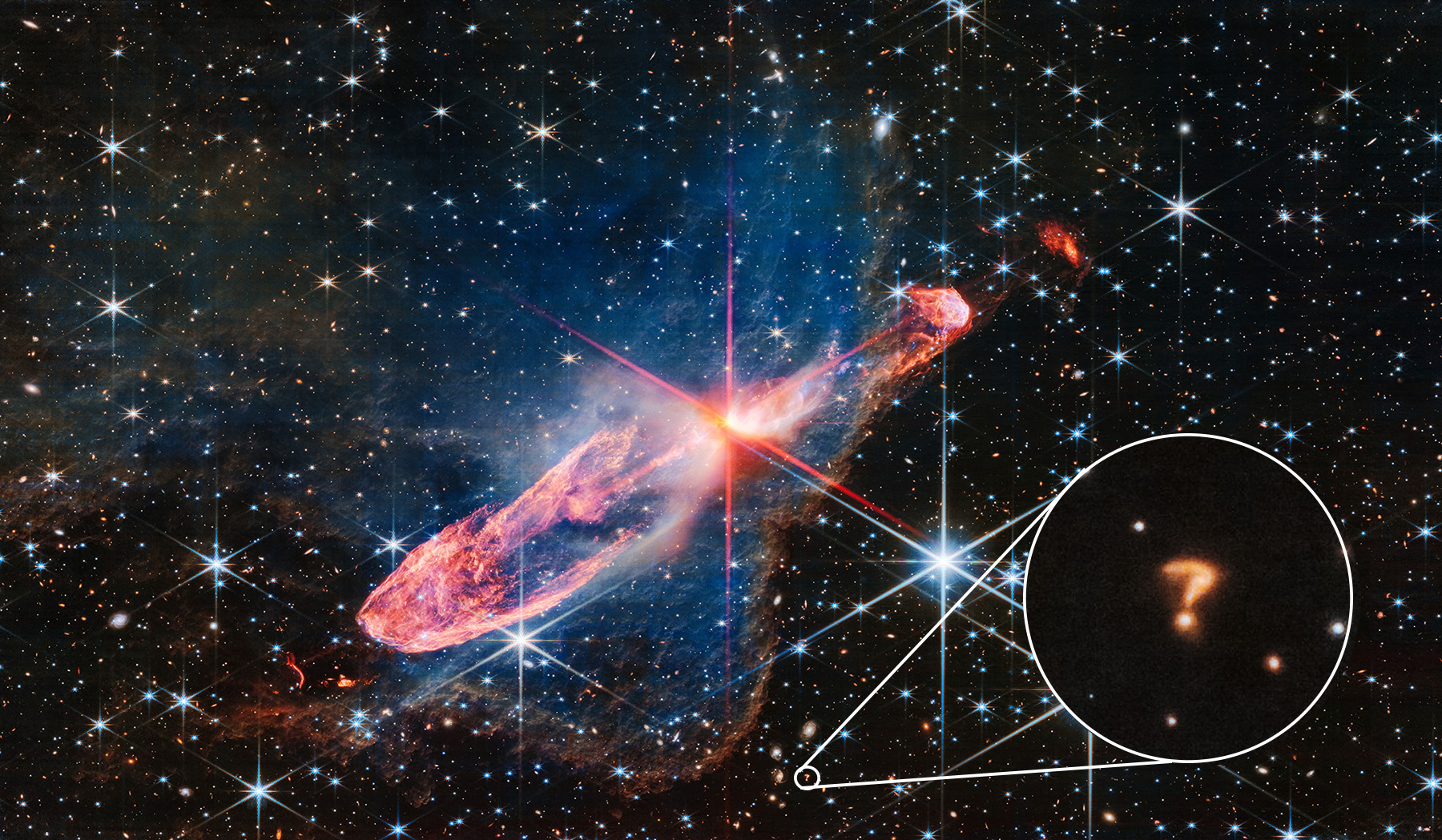 JWST image of galaxy with close up on question mark shaped galaxy