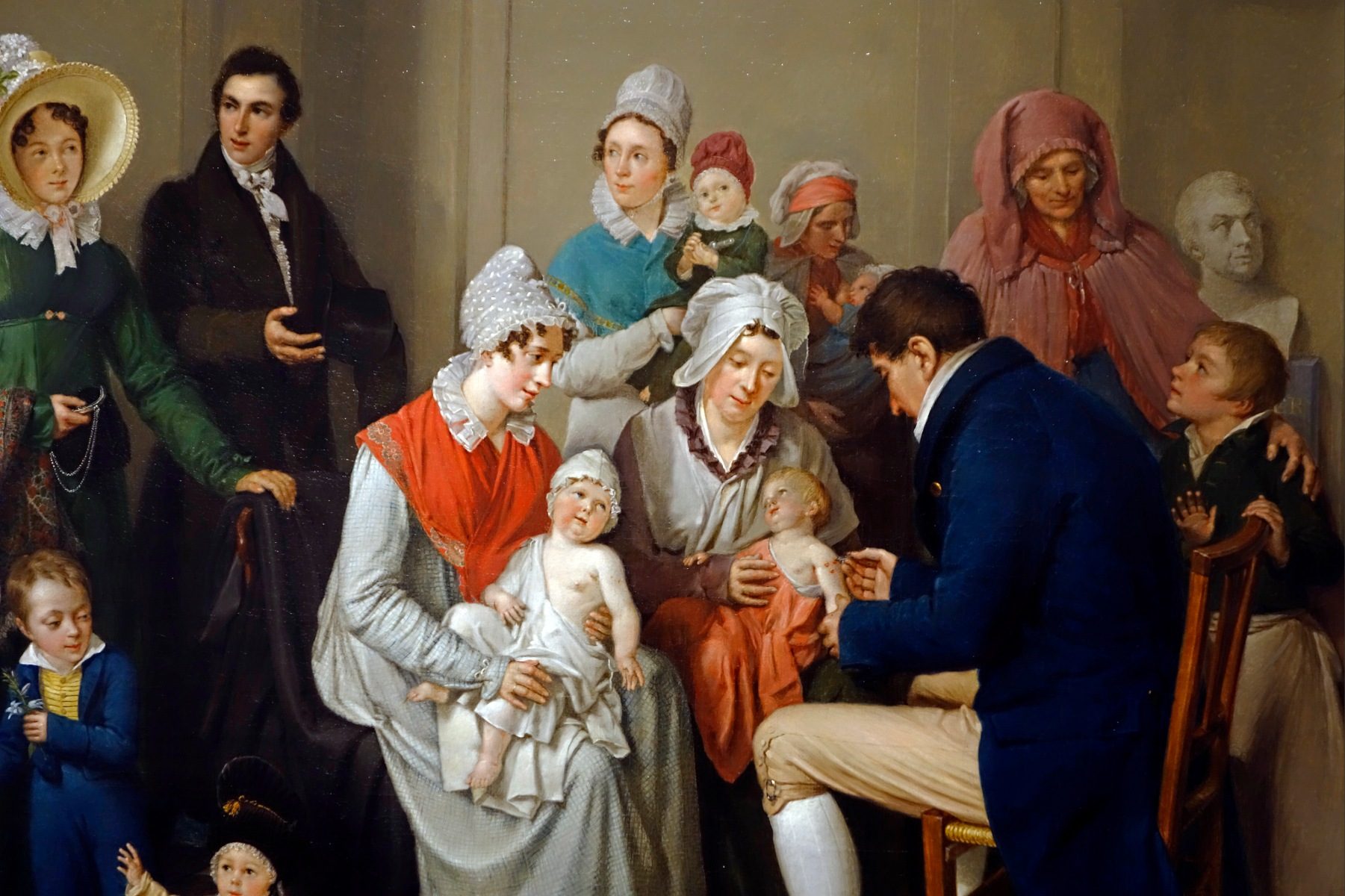 Painting of babies being given cowpox vaccine