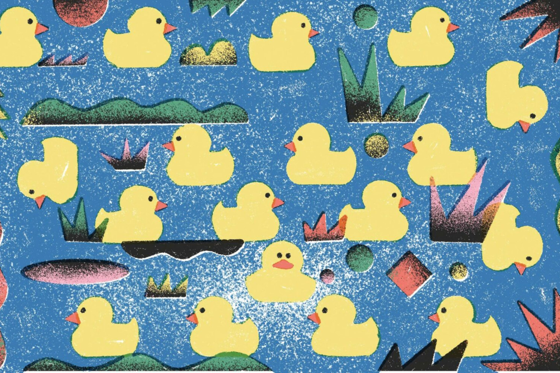Illustration of a group of ducklings on the water, all except from one are following the same route