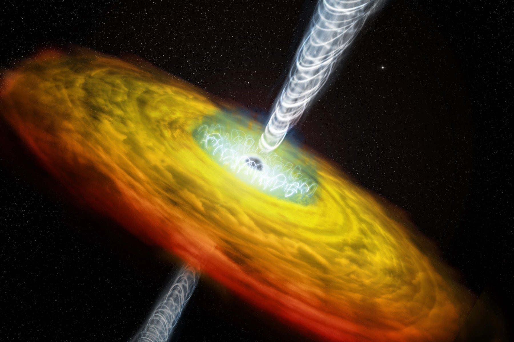A black hole surrounded by a disc of dust. A jet of material with twisted magnetic field lines shoots out perpendicular to the disc