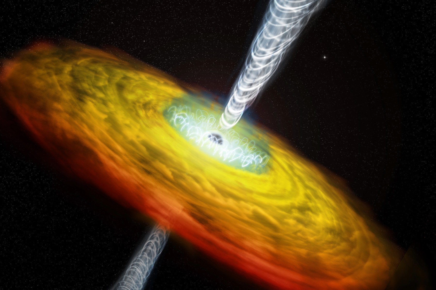 A black hole surrounded by a disc of dust. A jet of material with twisted magnetic field lines shoots out perpendicular to the disc