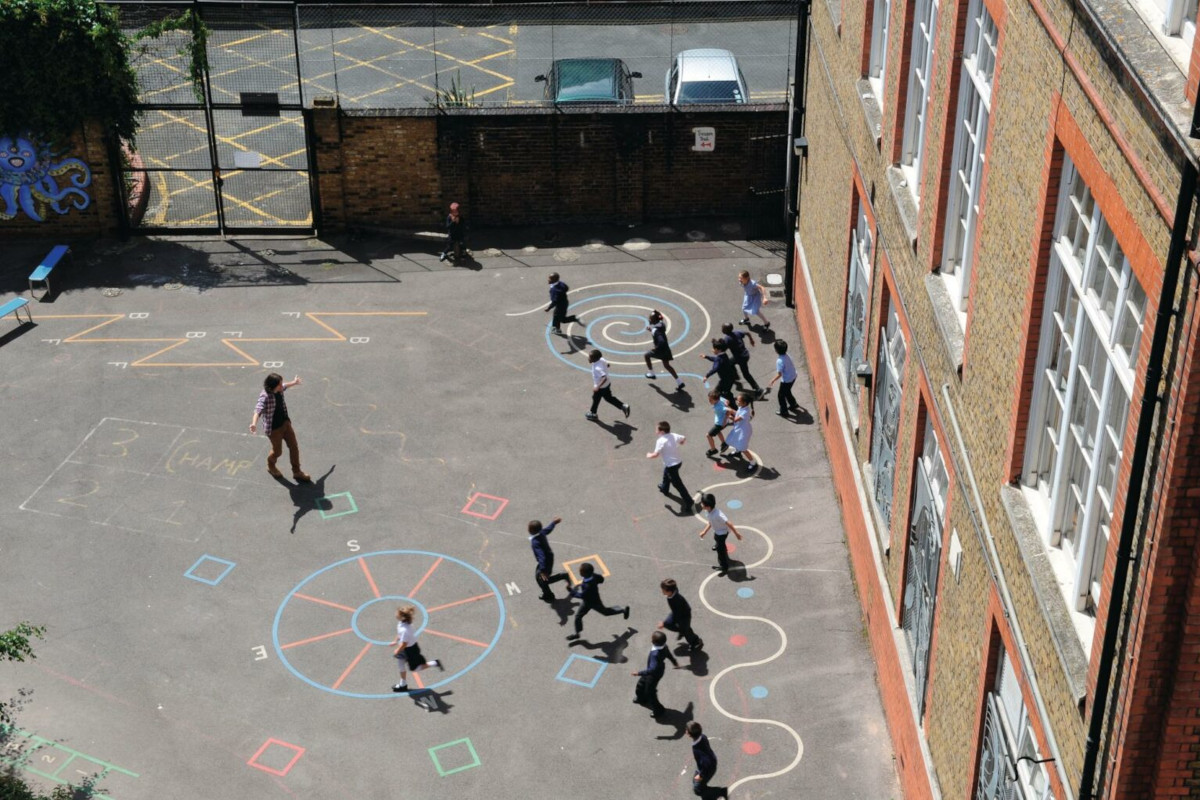 Aerial view of children playing outside at school