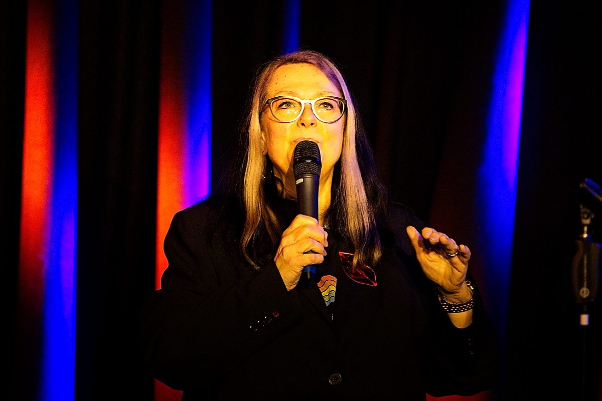 Prof Sophie Scott performing live stand-up comedy