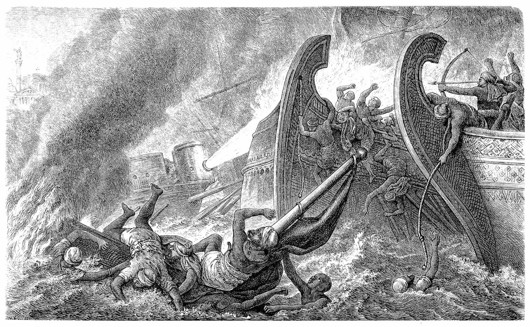 Ships burning from a blast of fire