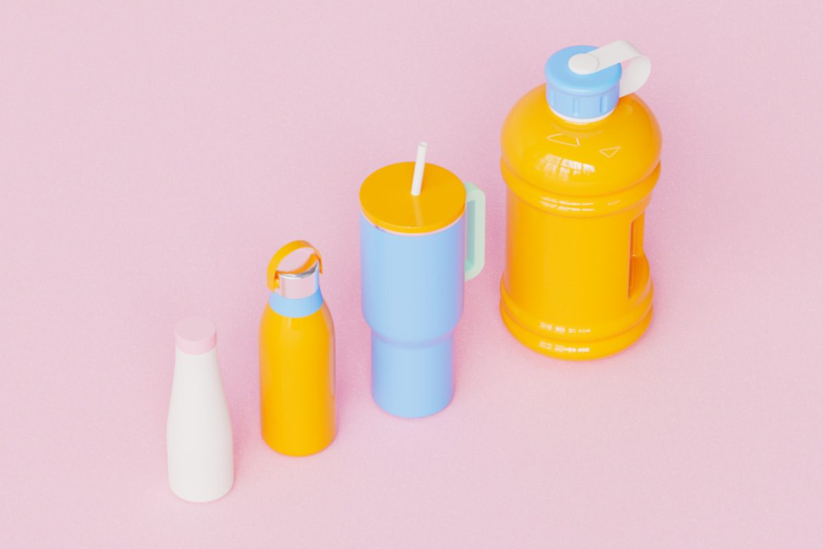 CG illustration of four different water bottles standing in left-to-right smallest to largest