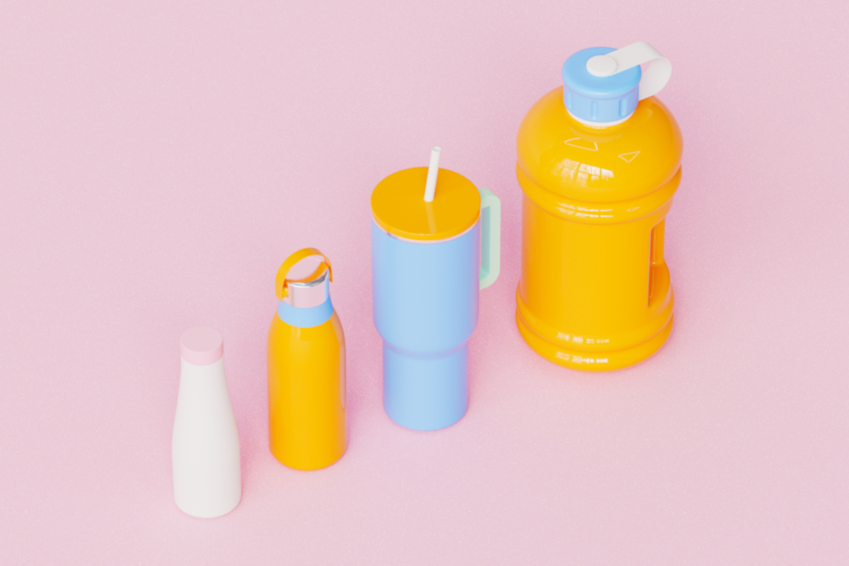CG illustration of four different water bottles standing in left-to-right smallest to largest