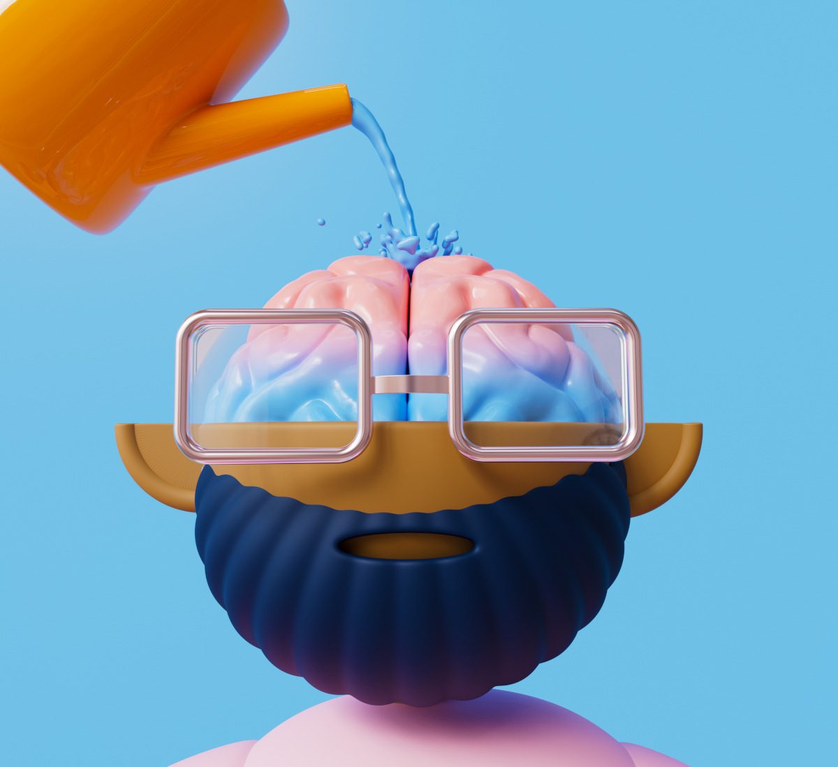CG illustration of water being poured into a person's brain from a kettle