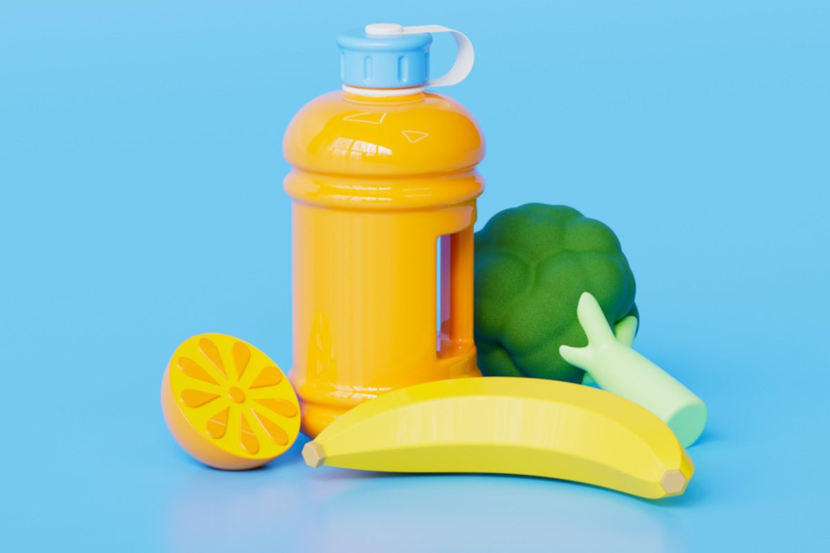 CG illustration of a water bottle standing beside half an orange, a banana and a stick of broccoli