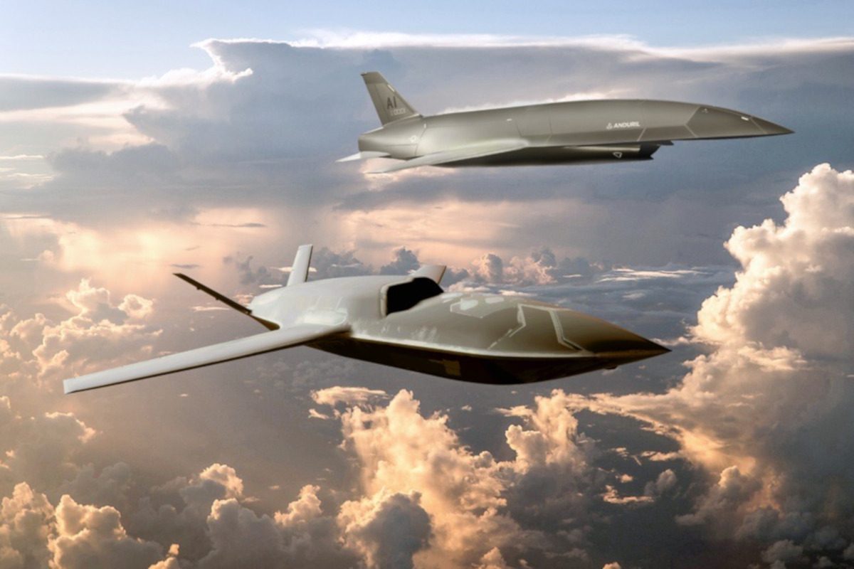 Illustration of two military jets flying over a sunset-lit set of clouds
