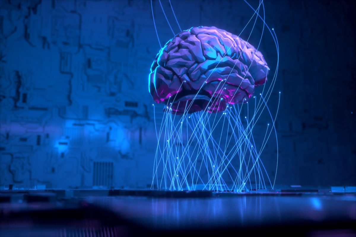 Illustration of a hovering brain hooked up to data streams