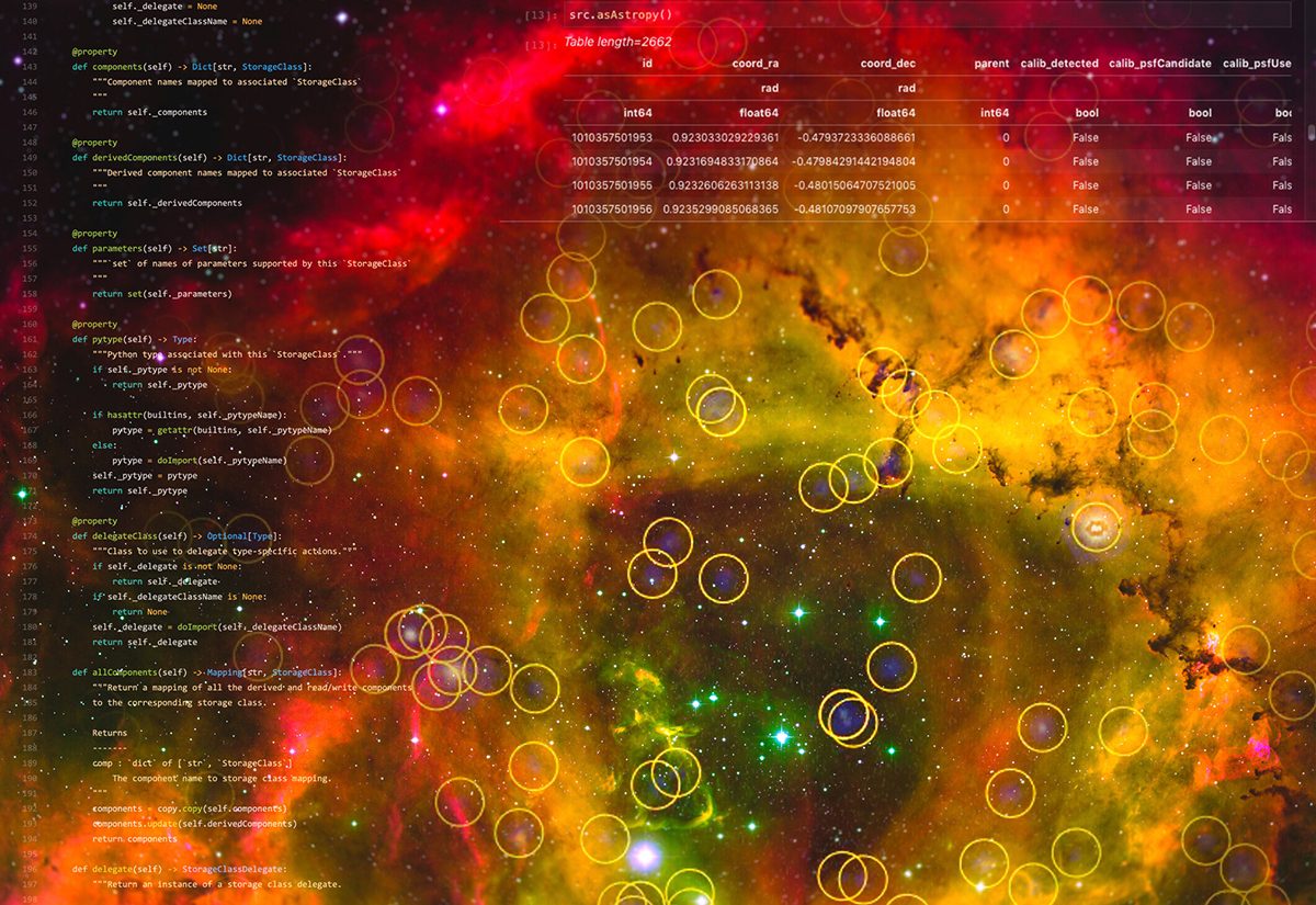 a brightly coloured red yellow and green nebula with written data in code down the left hand side and parts of the imaged circled, to visualise the Rubin Science Platform.
