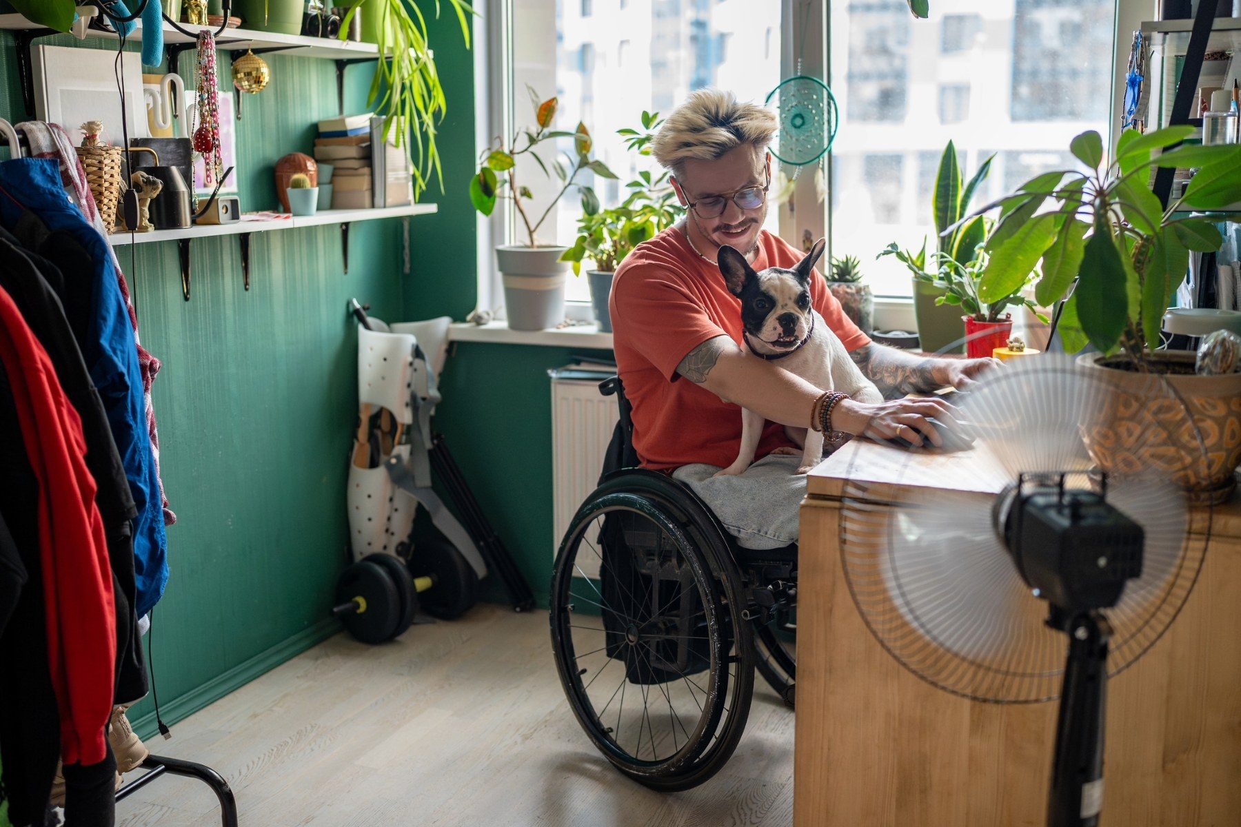 man in wheelchair at a desk holding a dog