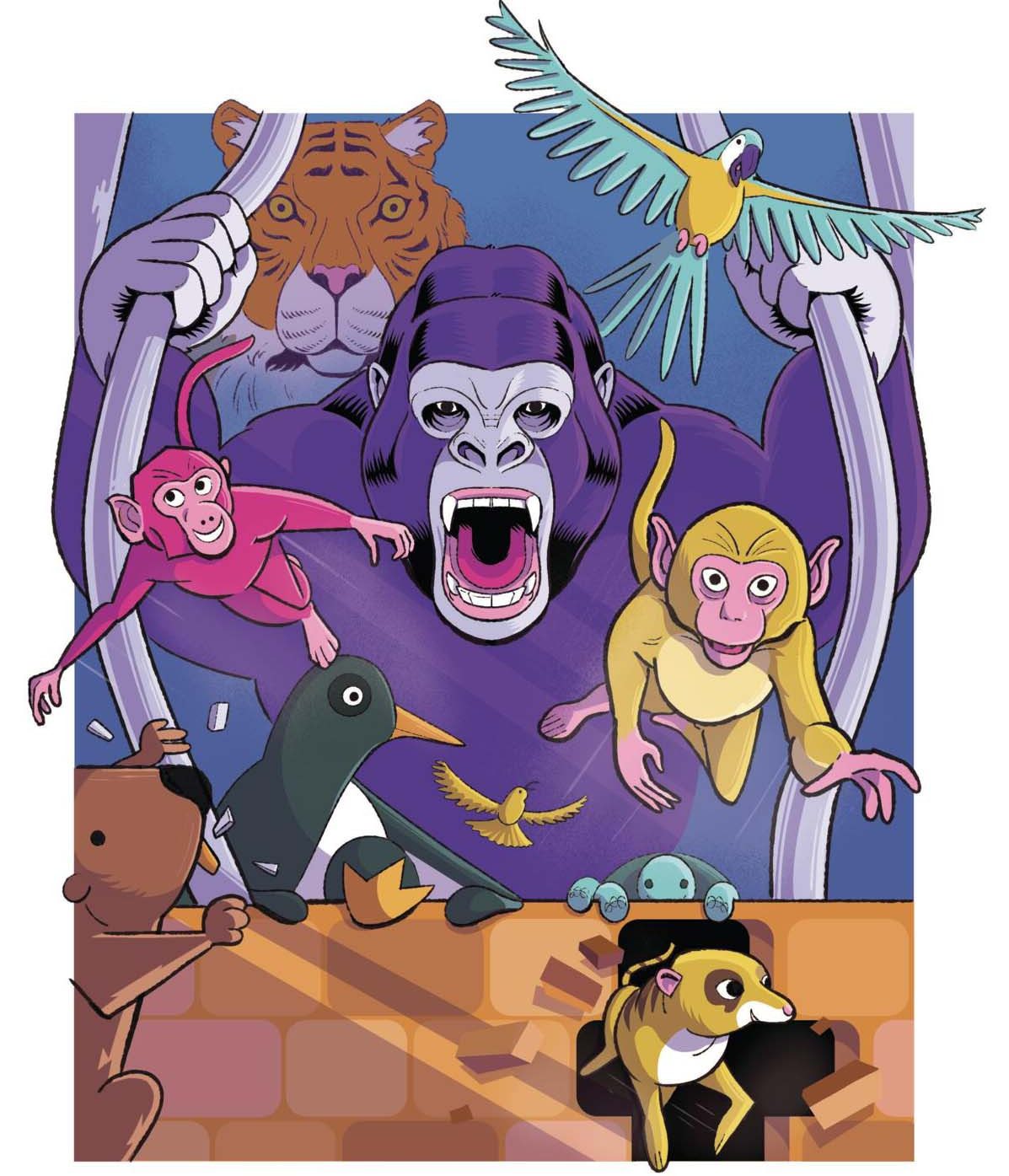 Illustration depicting various animals escaping from a zoo