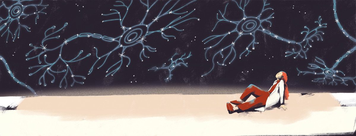 Illustration of a person wearing a lab coat laying back, looking up into the sky at star signs made of neurological pathways