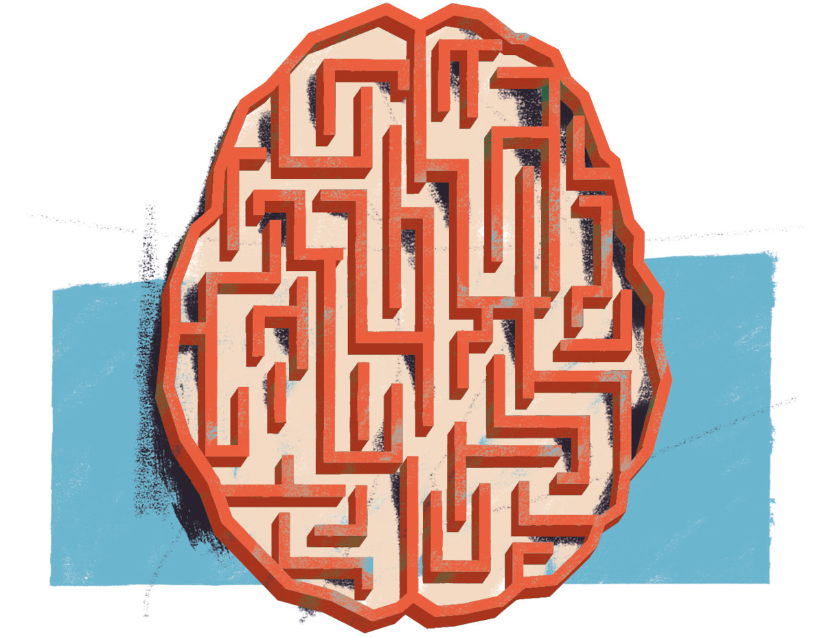 Illustration of a maze in a cross section of a human brain – top-down pov