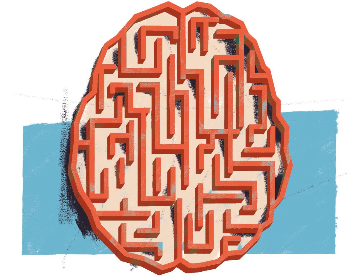 Illustration of a maze in a cross section of a human brain – top-down pov