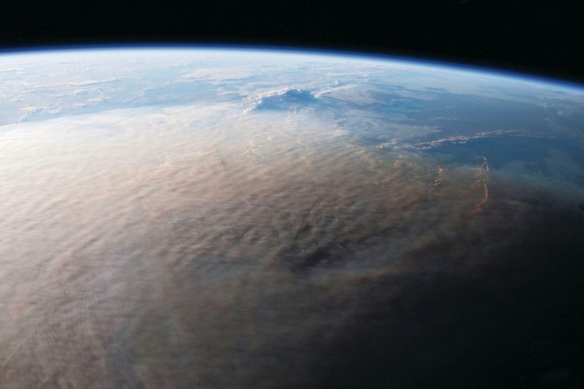 A photo taken from the International Space Station of the ash plume created by the 2022 Hunga Tonga submarine volcanic eruption