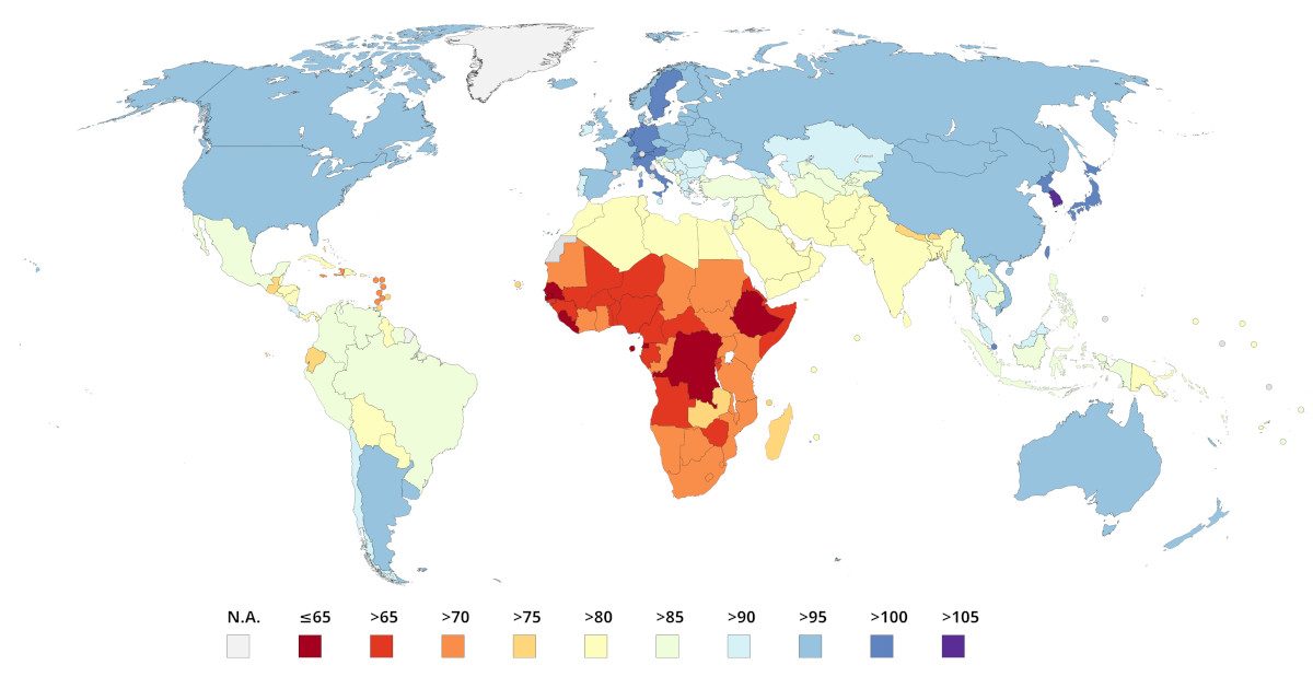 This map shows national IQ scores estimated by Lynn and Vanhanen in 2002, with dark red indicating the lowest scores and dark blue the highest