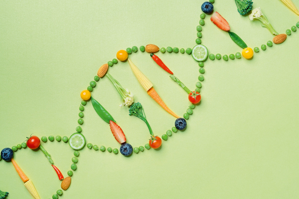 Image depicting a strand of DNA made up of fruit and vegetables.