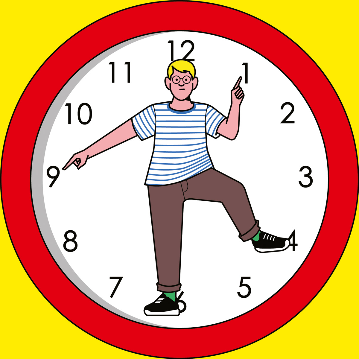 Cartoon of man on clockface.