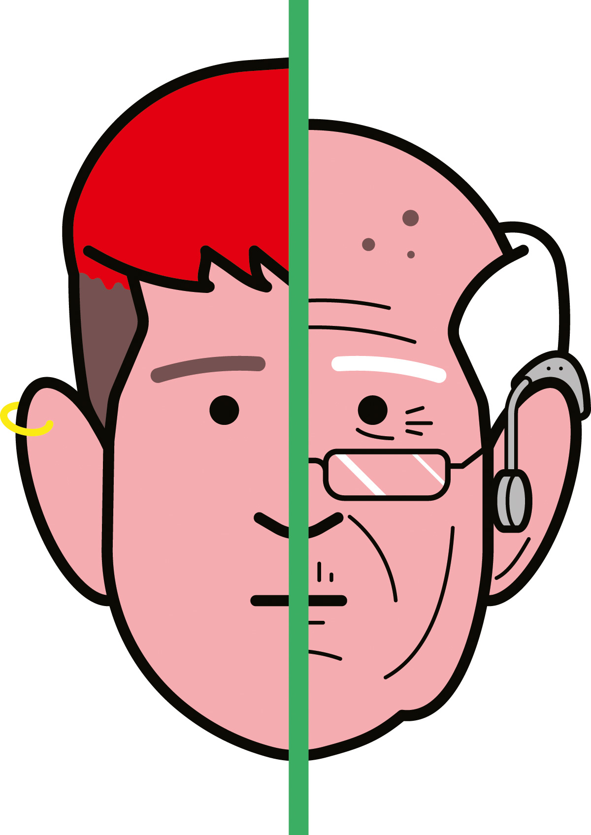 Composite cartoon of a young and old face.