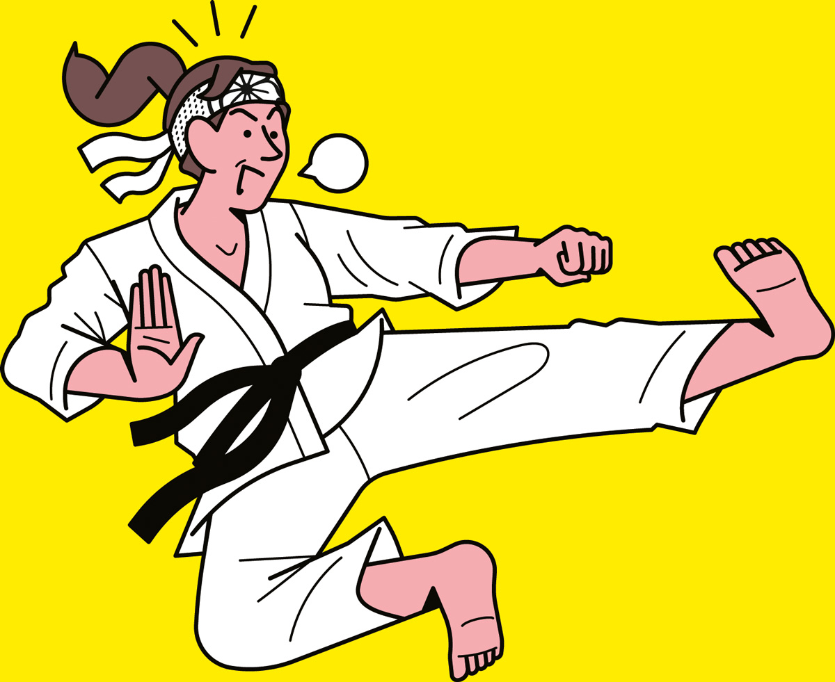 Cartoon of woman practicing karate.