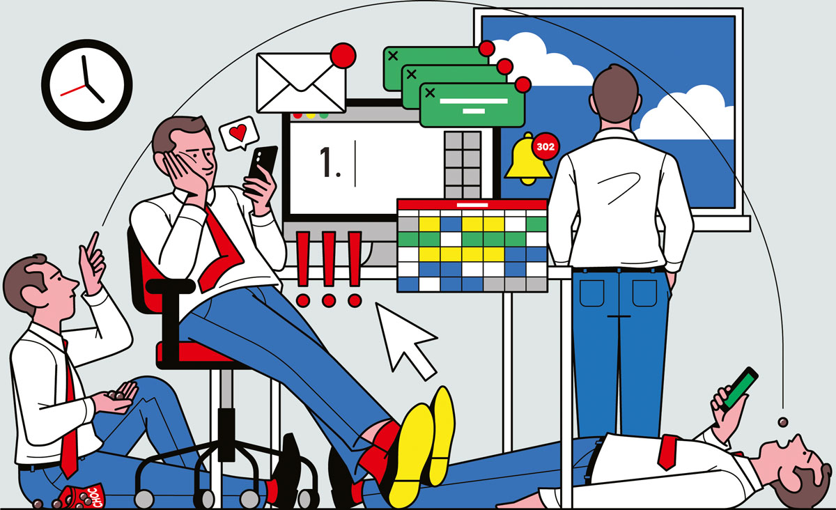 Cartoon of a man being distracted in an office.