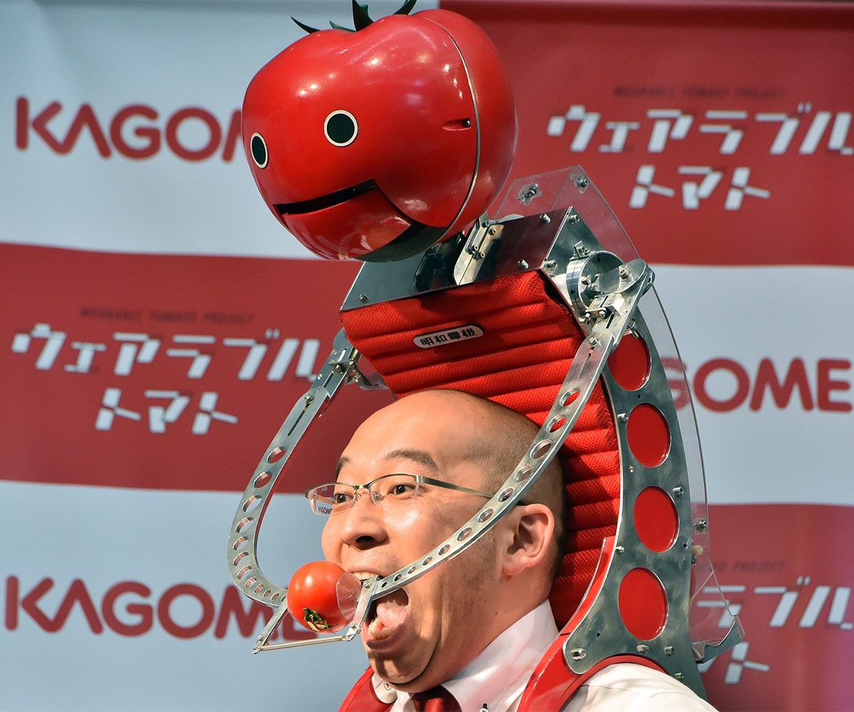 A quirky device that feeds tomatoes to runners.