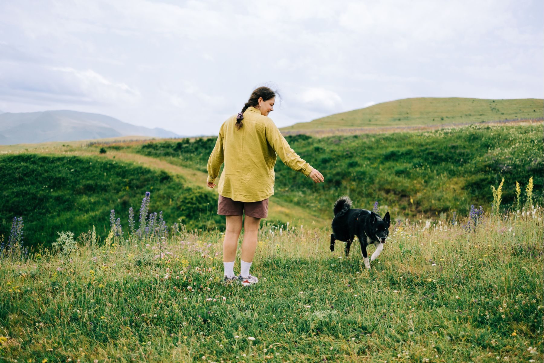 A woman outside in green grassy hills with a dog