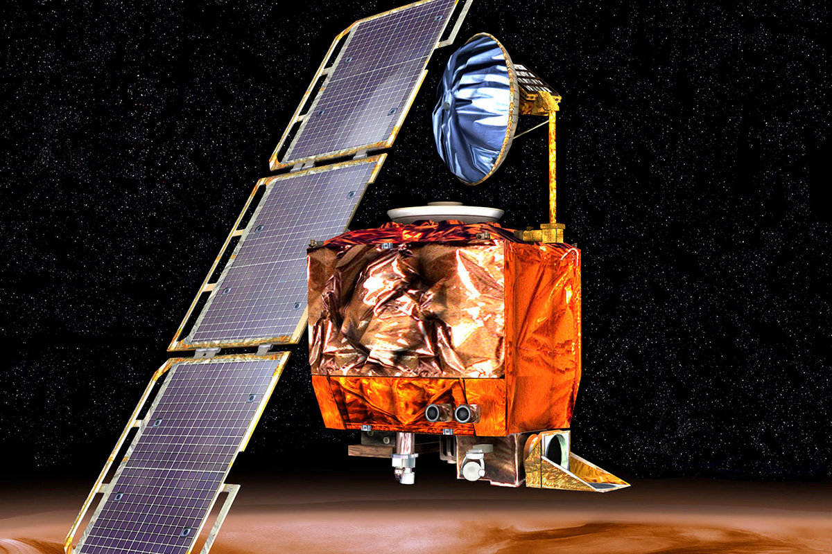 The Mars Climate Orbiter with a large antenna and solar panel.
