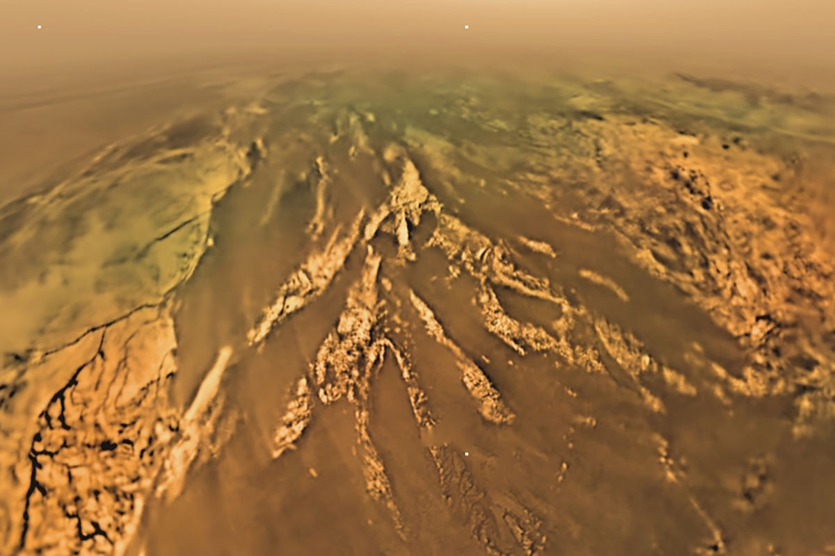 Grainy image of the surface of Titan.