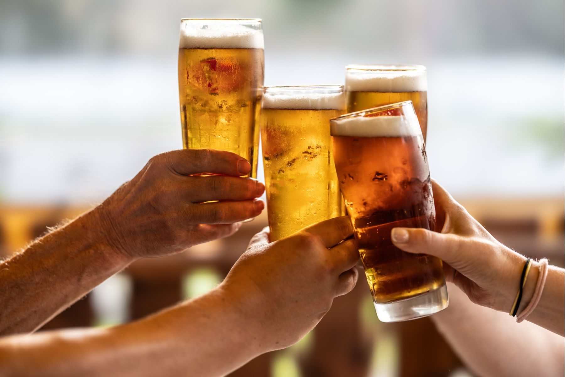 A group of friends 'cheers' with beer