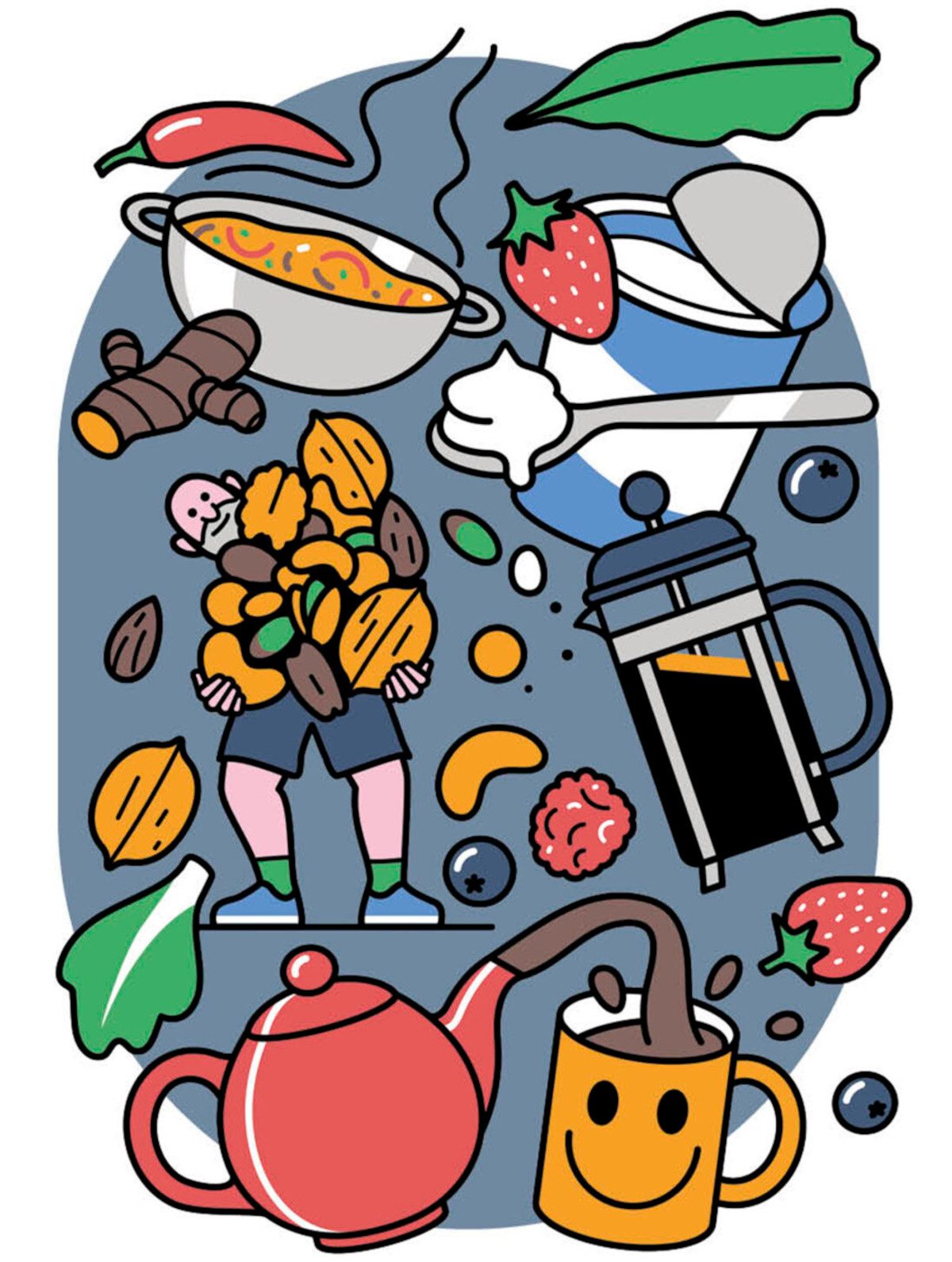 Illustration of a variety of healthy foods and hot drinks and an elderly person carrying nuts