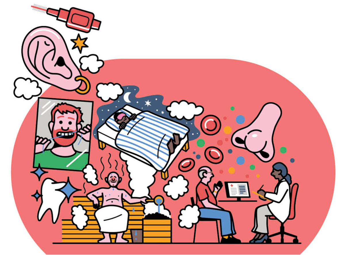 Illustration showing a person flossing, at the sauna, talking to a doctor and sleeping. Also we can see an ear and a nose