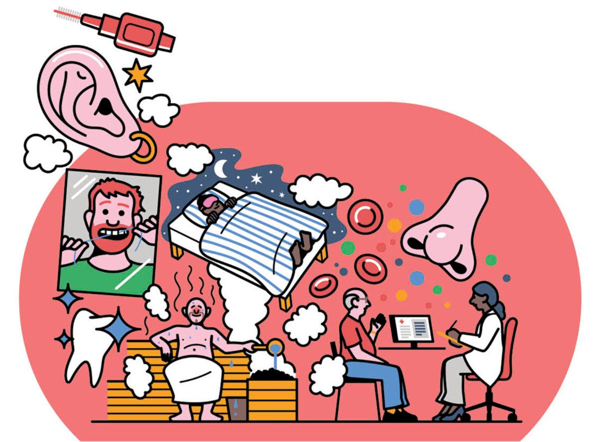 Illustration showing a person flossing, at the sauna, talking to a doctor and sleeping. Also we can see an ear and a nose