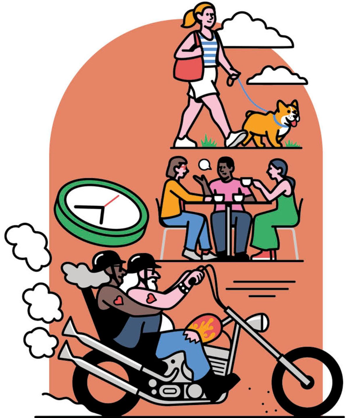 Illustration showing different people walking a dog, chatting at a café and riding a motorcycle