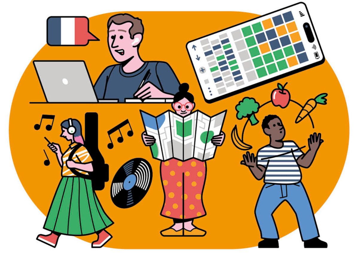 Illustration of people learning a new language, listening to music, reading a map, and playing a word puzzle