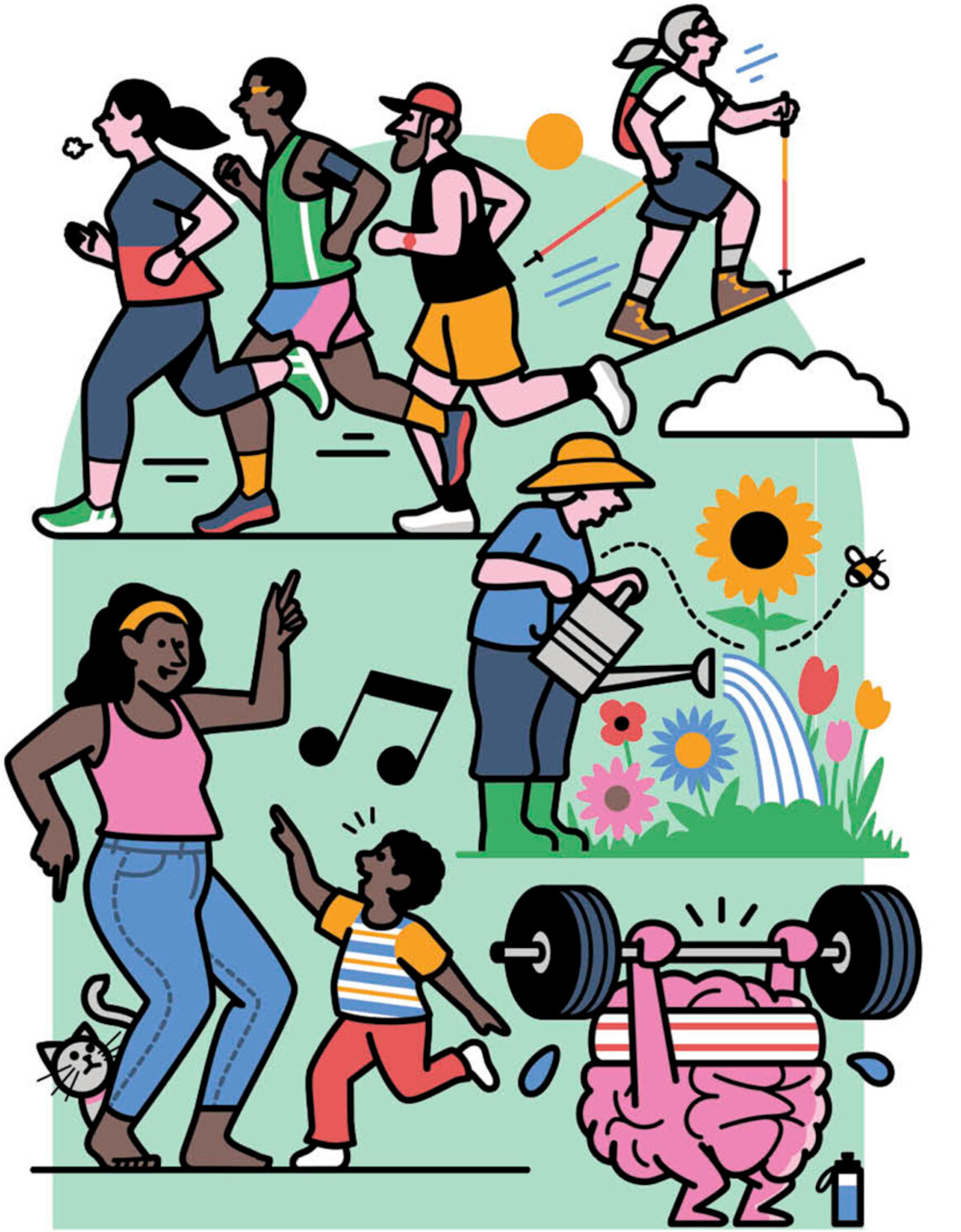 Illustration showing different people jogging, hiking, dancing and gardening. There is also a brain lifting heavy weights