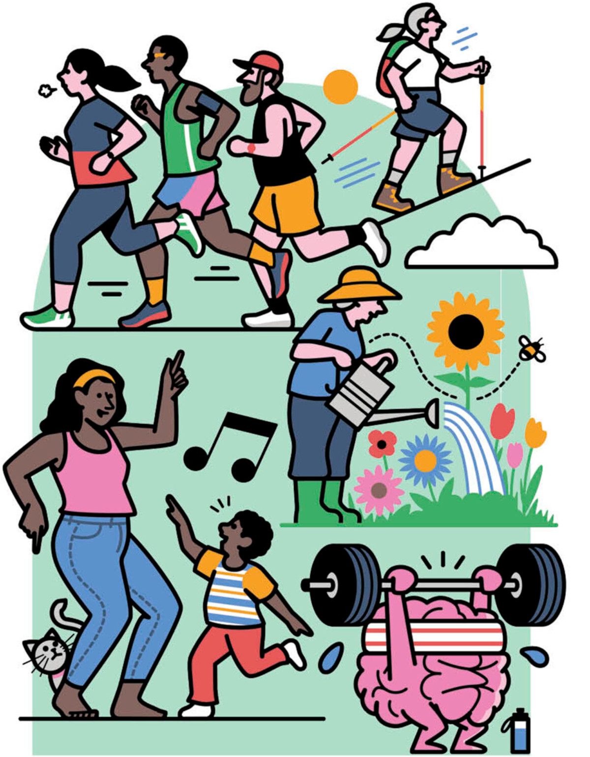 Illustration showing different people jogging, hiking, dancing and gardening. There is also a brain lifting heavy weights