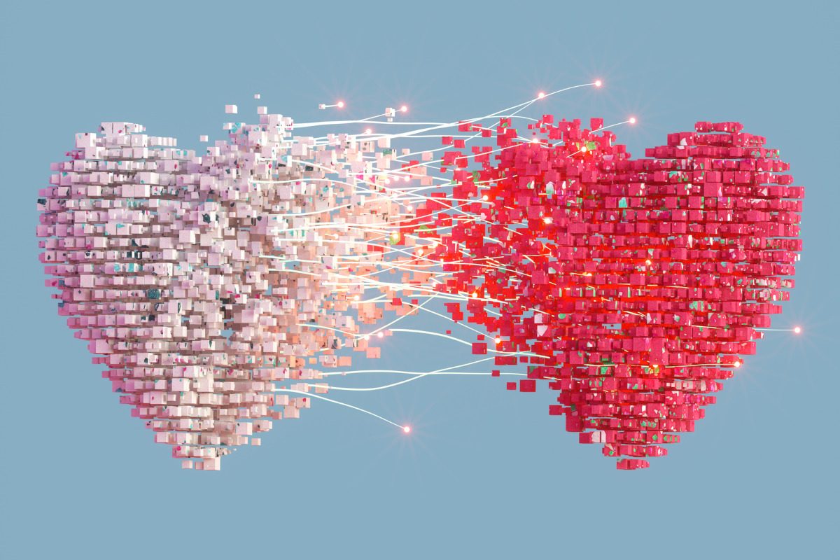 Digital illustration of two hearts made of computer-coded blocks