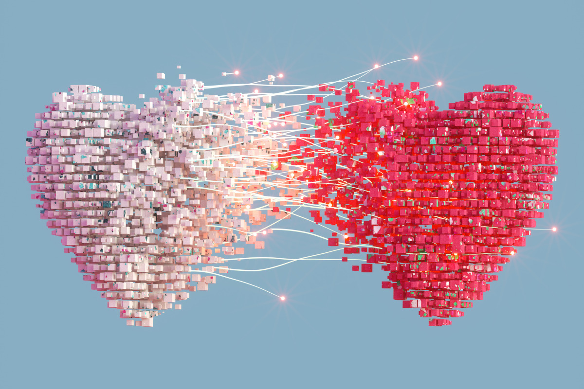 Digital illustration of two hearts made of computer-coded blocks