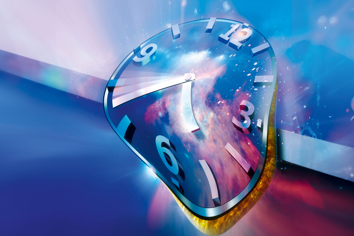 Conceptual artwork of a warped clock face on a background of stars and nebulae