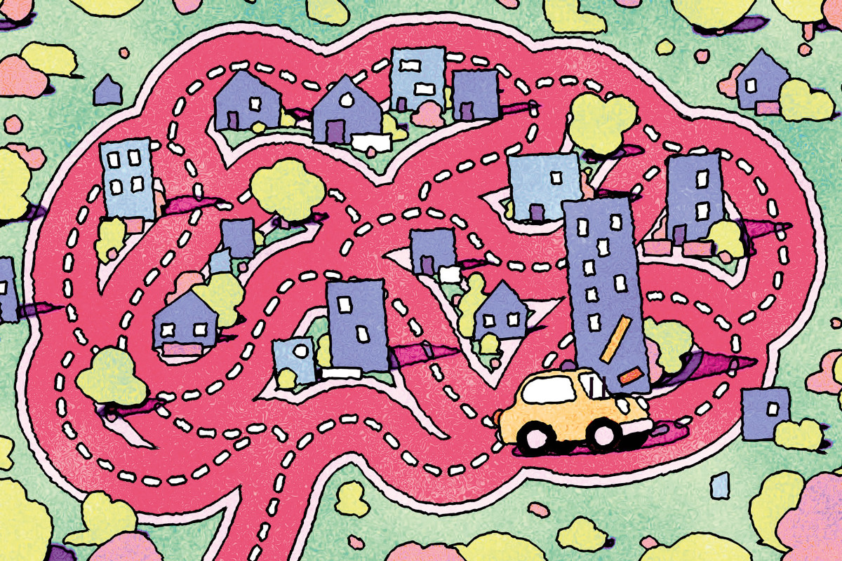 Illustration of a taxi driving a route of roads that looks like a brain.