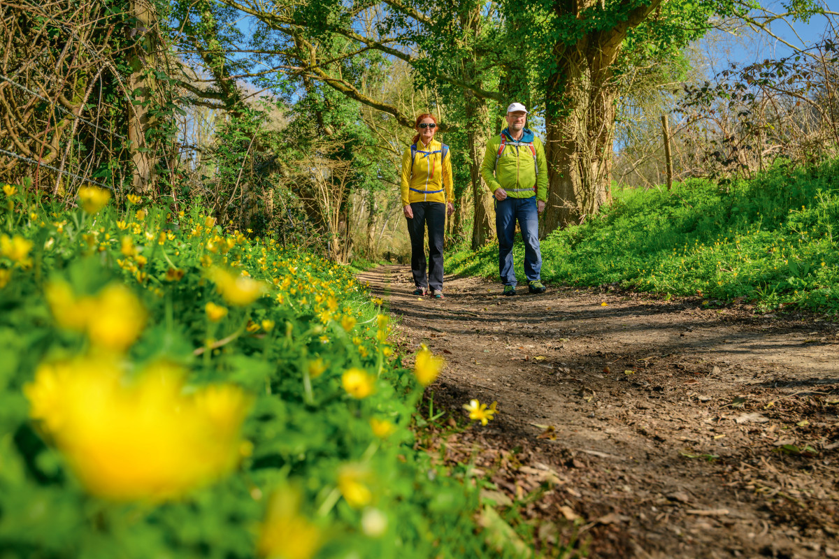 Mature man and woman hiking in forest