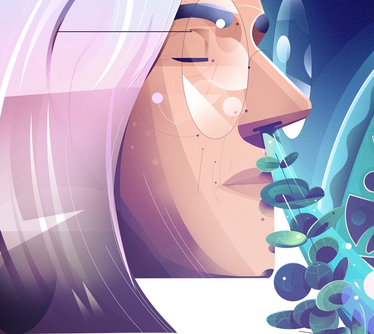 Illustration of a person's face. They are breathing leaves up into their nostrils