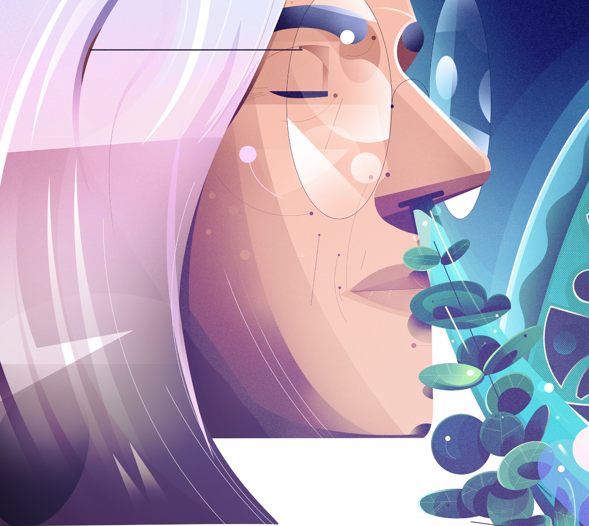 Illustration of a person's face. They are breathing leaves up into their nostrils