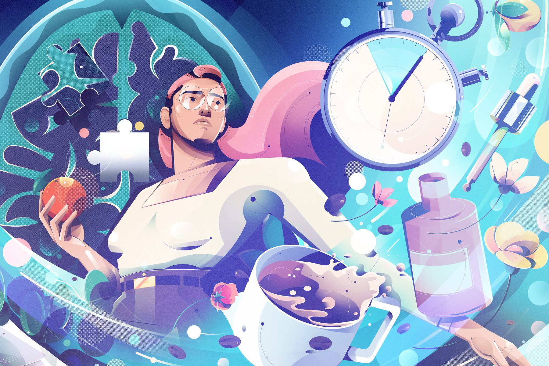 Illustration of a person standing confidently in front of a brain scan. Various items such as a stopwatch and a mug of coffee are being sucked into something off-screen